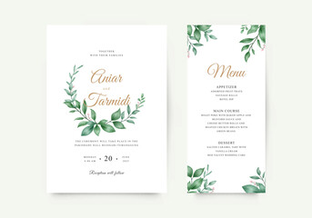 Minimalist template wedding invitation card with watercolor leaves