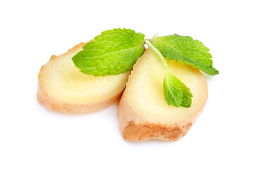 Fresh ginger slices with mint isolated on white background