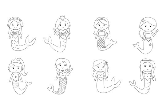 cute line doodle princess mermaid character clipart set for coloring