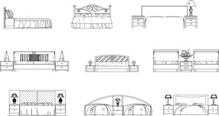 set of sketch vector illustration of minimalist classic bed interior