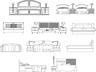 set of sketch vector illustration of minimalist classic bed interior