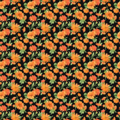 Beautiful seamless floral pattern with hand painted watercolor bright flowers. Orange alendula on black background. Illustration for packaging design, textiles, wallpapers.