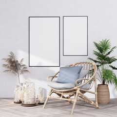 Mock up poster frame in bohemian  interior fully furnished rooms