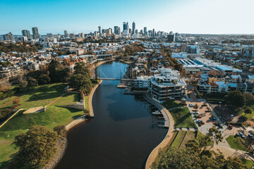Aerial view of Perth cityscape looking over Claisebrook Cove in East Perth
