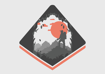 silhouette flat illustration of a mountain climber standing on top of a hill