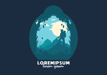 silhouette flat illustration of a mountain climber standing on top of a hill