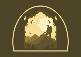 silhouette flat illustration of a mountain climber standing on top of a hill