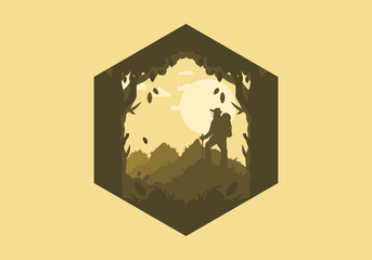 silhouette flat illustration of a mountain climber standing on top of a hill
