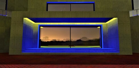 Porch of the suburban house illuminated in blue and yellow. Concrete facade of the building. Red brick pavement. 3d rendering.