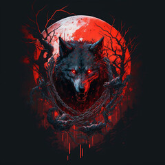 Realistic Illustration of Death from Puss in Boots - The last wish . Cool illustration of a blood thirsty wolf besides the moon - Concept art of a werewolf head with red moon and blood 