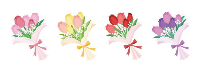 Color variations of tulip and baby's breath bouquets.
