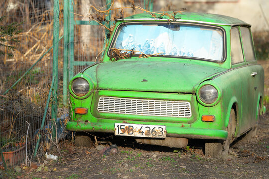 Trabant old car with history. photo taken in Bucharest, Romania in January 2023.