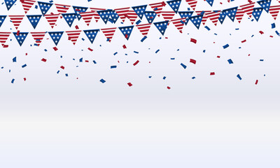 Decorative party flags with Confetti Falling. Vector flag garland for usa independence day. Party Background with Flags Vector Illustration. EPS10. July 4th theme paper garland on white background
