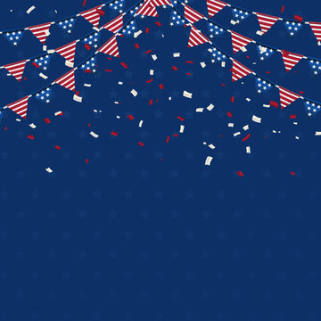 Decorative party flags with Confetti Falling. Vector flag garland for usa independence day. Party Background with Flags Vector Illustration. EPS10. July 4th theme paper garland on blue star background