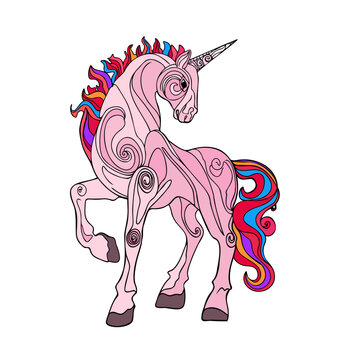 A unicorn with a long mane. Illustration of a galloping magical unicorn. For the design of prints, posters, postcards, logos, icons
