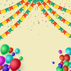 Colorful balloons with triangular party flags, confetti, and paper. Celebrate banner. Colorful Party Flags and colorful balloons with confetti on yellow background. Vector illustration