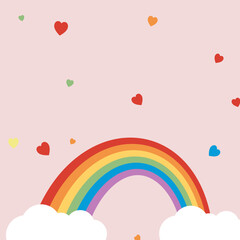 LGBTQ Pride Month. Rainbow with colorful hearth and cloud and pink background. Banner Love is love. Human rights or diversity concept. Template LGBT event banner design.
