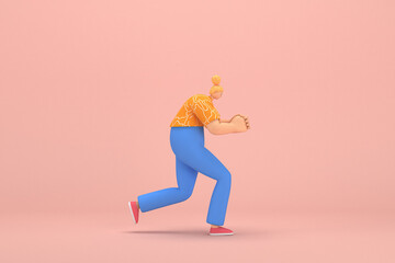 The woman with golden hair tied in a bun wearing blue corduroy pants and Orange T-shirt with white stripes. He is pulling or pushing something. 3d rendering of cartoon character in acting.