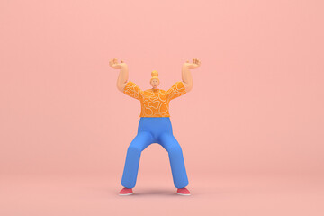 The woman with golden hair tied in a bun wearing blue corduroy pants and Orange T-shirt with white stripes.  He is pulling or pushing something. 3d rendering of cartoon character in acting.