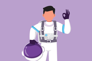 Character flat drawing active male astronaut holding helmet with okay gesture wearing spacesuit and ready to explore outer space in search of mysteries of universe. Cartoon design vector illustration
