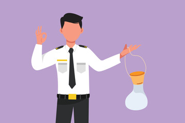 Cartoon flat style drawing of male flight attendant holding air mask with okay gesture demonstrate emergency situation in cabin plane. Serve passengers in airplane. Graphic design vector illustration