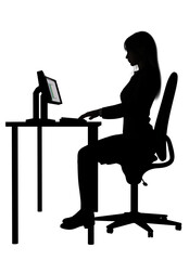 正しくきれいな姿勢で椅子に座りパソコン作業をする女性のシルエット 全身横向きのモノクロイメージ