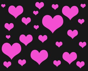 pink hearts of different sizes on a black background