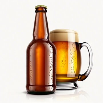Beer bottle and the mug with beer. Mockup. Genetaive Ai.