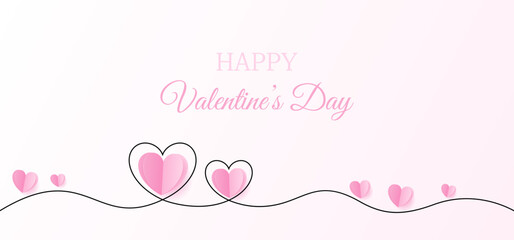pink paper heart with single line heart drawing on pink background, Happy valentine's day card vetcor illustration.