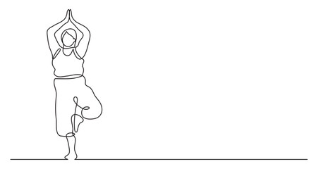 continuous line drawing vector illustration with FULLY EDITABLE STROKE of confident oversize woman doing yoga pose celebrating body positivity