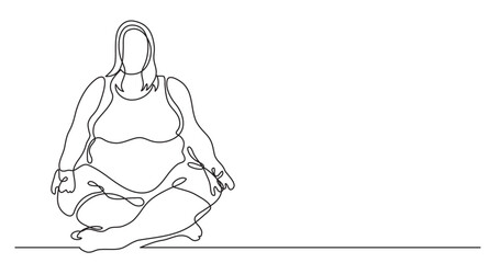 continuous line drawing vector illustration with FULLY EDITABLE STROKE of confident oversize woman sitting in lotus pose doing yoga celebrating body positivity