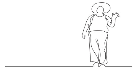 continuous line drawing vector illustration with FULLY EDITABLE STROKE of confident oversize woman standing waving cheering body positivity