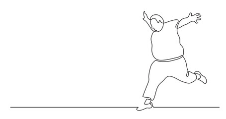 continuous line drawing vector illustration with FULLY EDITABLE STROKE of happy oversize man running cheering with body positivity