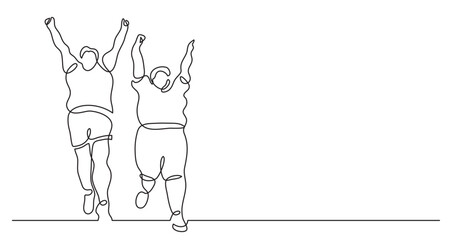 continuous line drawing vector illustration with FULLY EDITABLE STROKE of two happy curvy women cheering celebrating body positivity