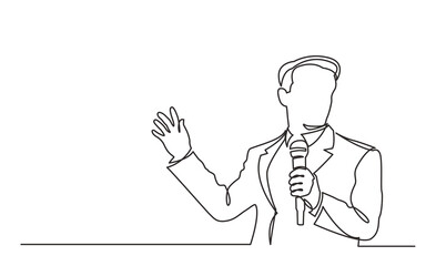 continuous line drawing vector illustration with FULLY EDITABLE STROKE of business trainer talking with microphone