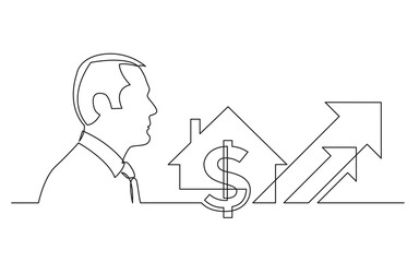 continuous line drawing vector illustration with FULLY EDITABLE STROKE of businessman thinking about growing real estate market