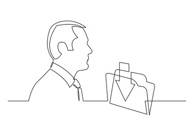 continuous line drawing vector illustration with FULLY EDITABLE STROKE of businessman thinking about incoming messages
