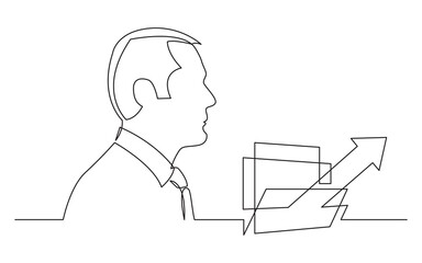 continuous line drawing vector illustration with FULLY EDITABLE STROKE of businessman thinking stock market growth