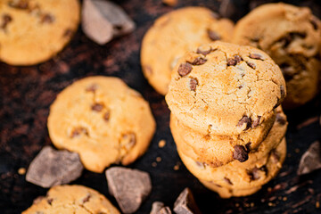 Cookies with pieces of milk chocolate on the table. 