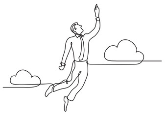 continuous line drawing vector illustration with FULLY EDITABLE STROKE of happy businessman flying high