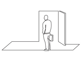 continuous line drawing vector illustration with FULLY EDITABLE STROKE of man before open door