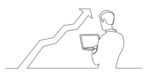 continuous line drawing vector illustration with FULLY EDITABLE STROKE of man standing man holding laptop analyzing rising chart