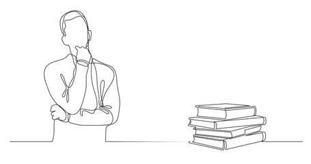 continuous line drawing vector illustration with FULLY EDITABLE STROKE of man thinking about best books
