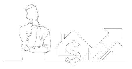 continuous line drawing vector illustration with FULLY EDITABLE STROKE of man thinking about growing real estate market