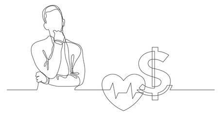 continuous line drawing vector illustration with FULLY EDITABLE STROKE of man thinking about health cost