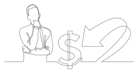continuous line drawing vector illustration with FULLY EDITABLE STROKE of man thinking about personal income
