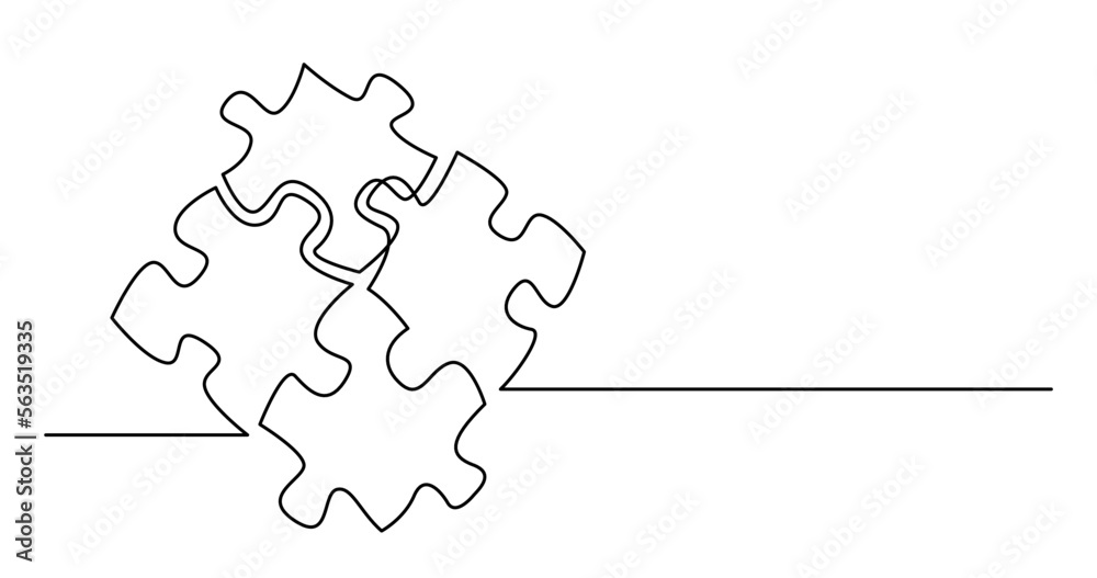 Wall mural continuous line drawing vector illustration with FULLY EDITABLE STROKE of of four puzzle pieces connected together