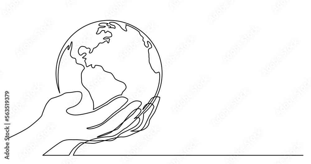 Wall mural continuous line drawing vector illustration with FULLY EDITABLE STROKE of of human hand holding world planet earth