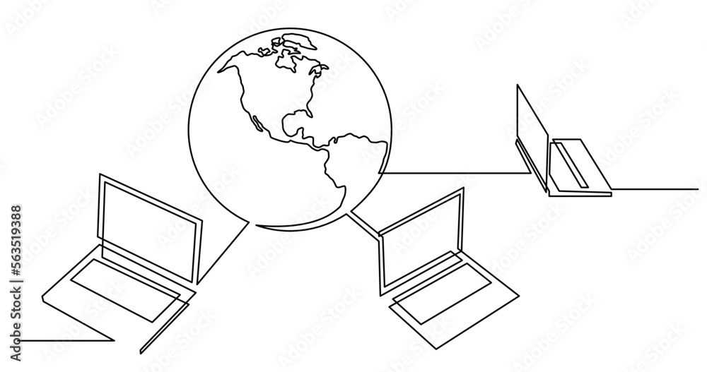 Wall mural continuous line drawing vector illustration with FULLY EDITABLE STROKE of of laptop computers connected to the world