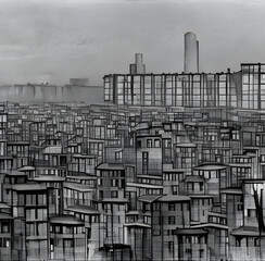 Arbeiterstadt. Zeichnung in Grau und Schwarz. Kleine Häuser im Vordergrund, im Hintergrund hoch aufragende Fabriken. 